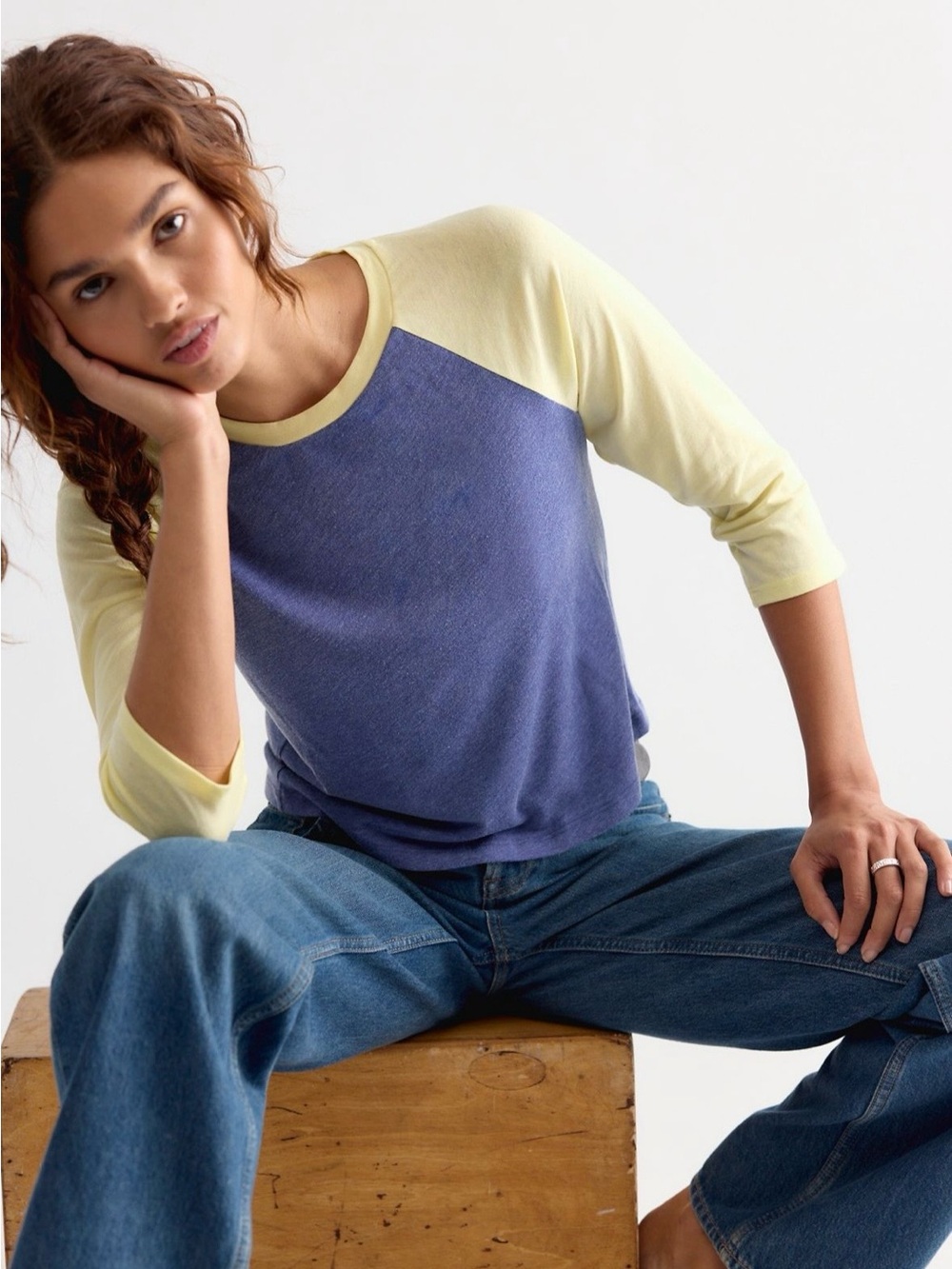 Daydreamer On Base Burn Out Raglan Tee Blue and Pale Yellow